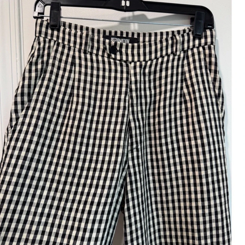 Reformation Black & White Gingham Linen Wide Leg High Rise Trousers Size 2
